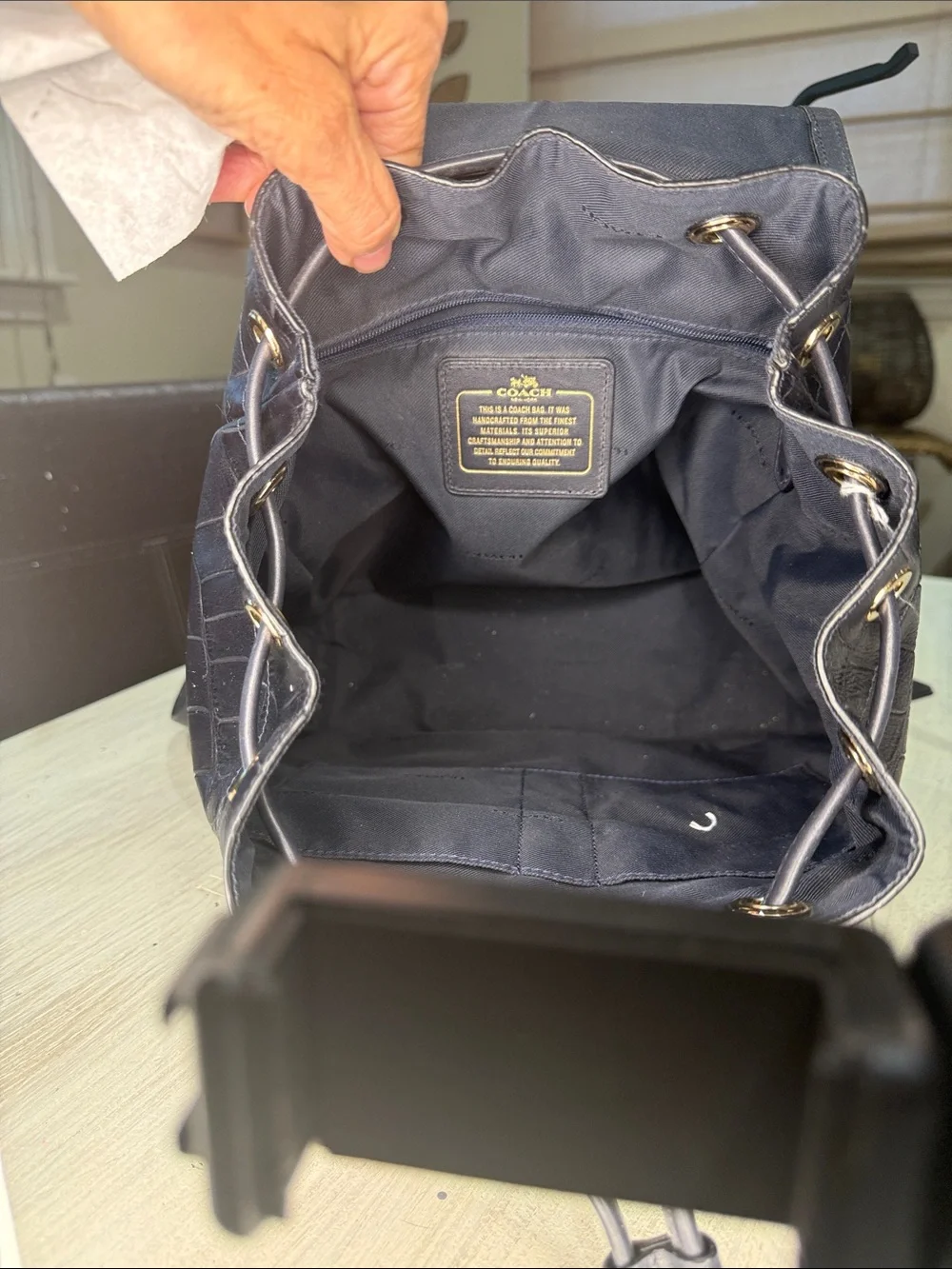 Coach Dark Navy Croc-Embossed Leather Rucksack  Backpack with Gold-Tone Hardware
